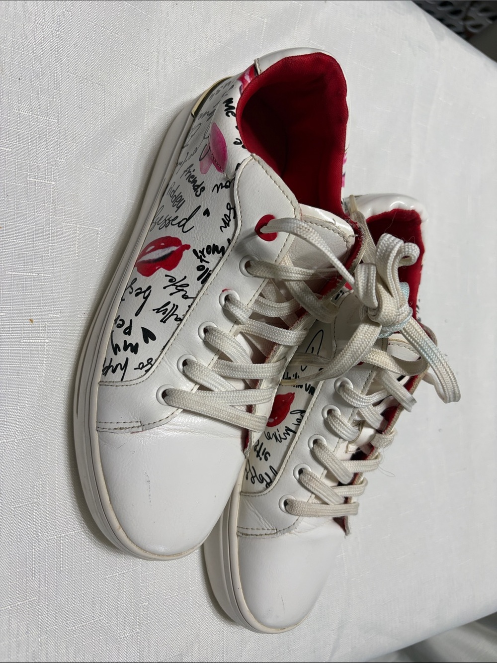 Aldo White Sneakers with Red Lining and Lip Graphic